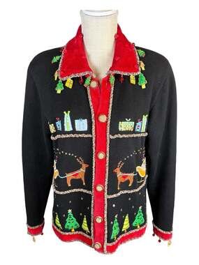 Vintage 90s Berek Christmas Cardigan Sweater Womens Large Appliqué Sequins Trees